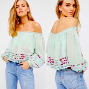 FREE PEOPLE Wander the Unknown Mint Green Off-the-Shoulder Crochet Crop Top xs